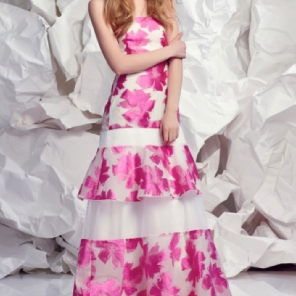 Pamella Roland Organza floral tiered gown